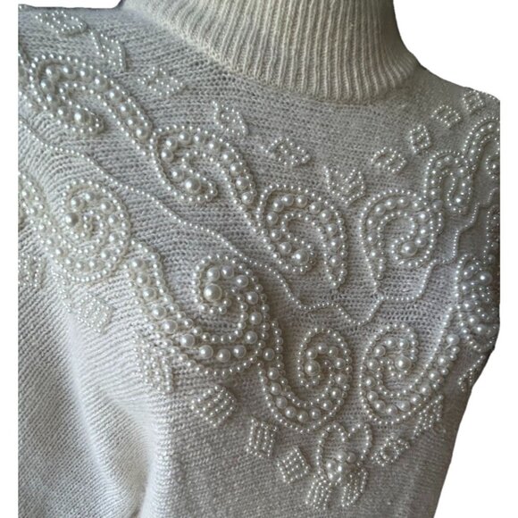 Vintage Ivory Silk Angora Wool Sweater Pearl Embellished 80’s Women's Size Med - Picture 5 of 9